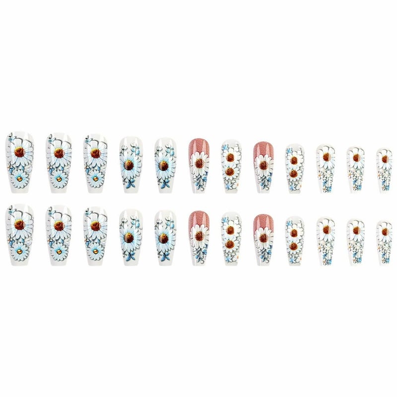 juggssa Spring Flower Press on Nails Long Coffin Fake Nails with Daisy Designs Spring Summer Glue on Nails Glossy Flower Acrylic Nails Full Cover False Nails with Glue Reusable Stick on Nails for Women 24PCS - Image 5
